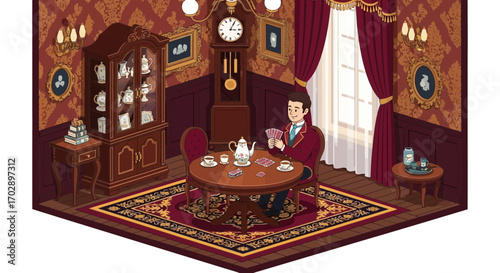 Illustration of a Gentleman Playing Cards in an Elegant Victorian Era Room Setting