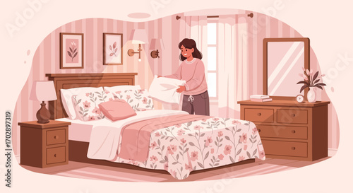 Illustration of a woman making the bed in a cozy and beautifully decorated bedroom