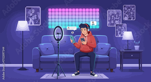 A Young Man Engaged in Live Streaming from His Stylish Living Room with Modern Tech