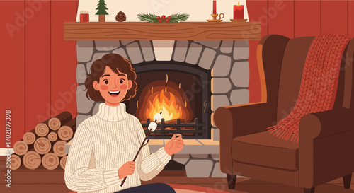 Cozy indoor scene with woman roasting marshmallows by fireplace and a comfy chair enhances the