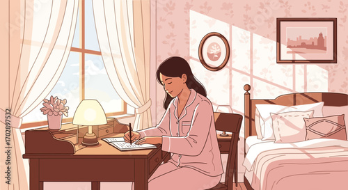 Illustration of a woman in pajamas writing at her desk in a cozy bedroom atmosphere