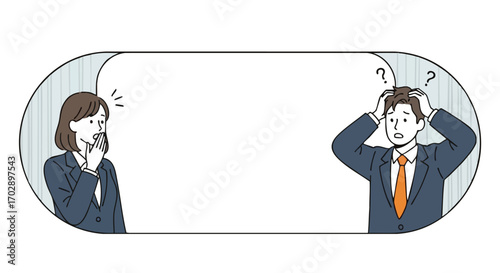 Stressed businessman and shocked businesswoman with copy space for urgent business crisis communication