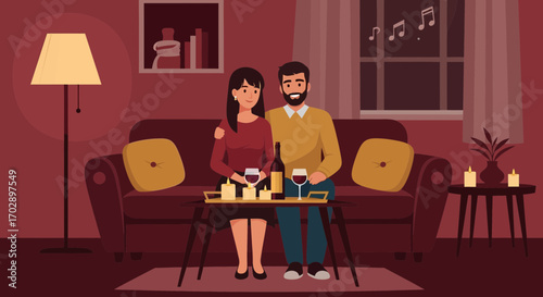 Romantic evening for a couple enjoying wine and candles at home in a cozy setting illustration