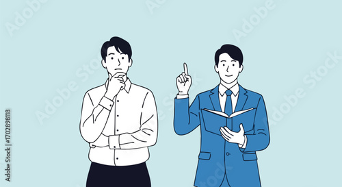 Man ponders while another man with book has a brilliant idea, symbolizing learning and innovation.