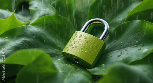 Green Padlock on Leaves in the Rain Security, Nature, and Environmental Concept