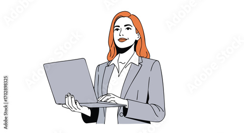 Confident businesswoman with laptop embraces modern professional success and forward-thinking strategy