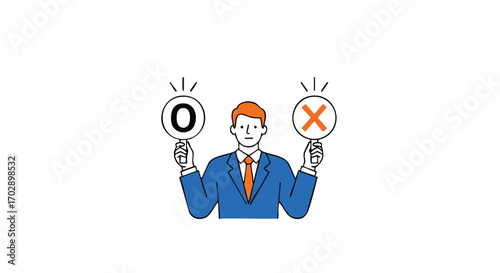 Confused businessman holding "O" and "X" signs, symbolizing choice and indecision