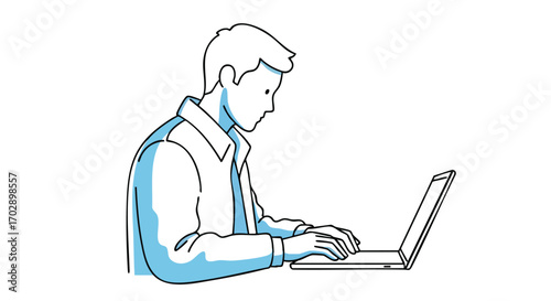 Professional man concentrating on laptop typing, focused on digital work and modern business tasks