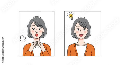 Woman expresses surprise then joy as brilliant idea strikes with a lightbulb moment