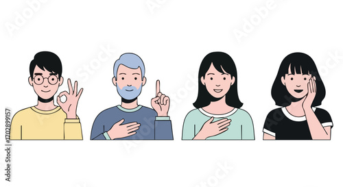 Diverse people expressing positive emotions and ideas with gestures in modern flat style