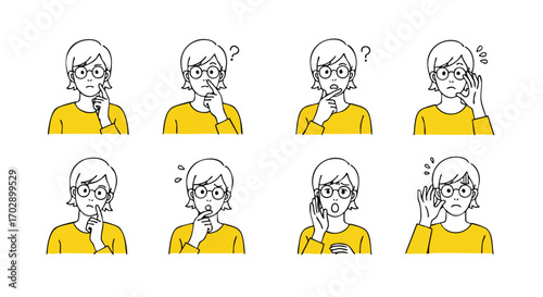 Confused woman with glasses expressing doubt and concern through gestures and facial expressions