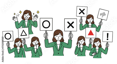 Diverse team members express varied opinions and decisions with clear symbols of approval and disapproval