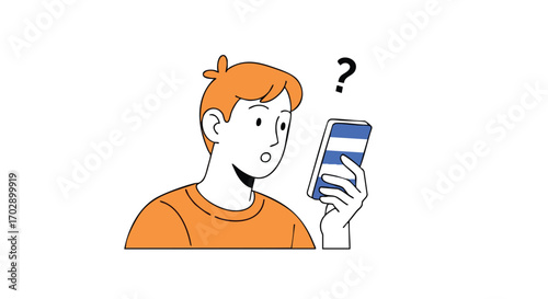 Surprised man with smartphone shows confusion and questions about digital content