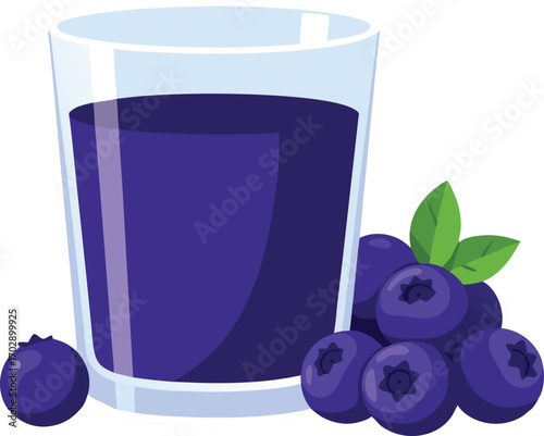 Fresh Blueberry Juice in Glass with Whole Blueberries and Green Leaves – Healthy Organic Drink Illustration