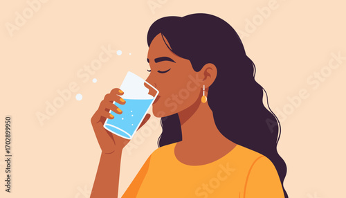 Woman enjoying refreshing water, promoting health and wellness with a hydrating drink.