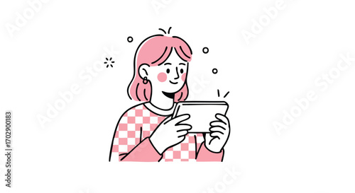 Joyful woman engrossed in a digital device, radiating happiness and connection