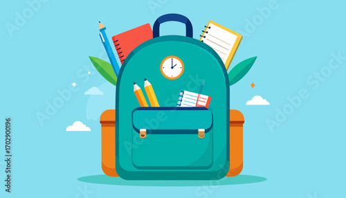 Vibrant school backpack with essential supplies ready for education and learning adventures