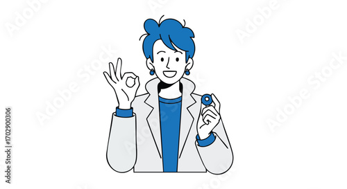 Confident professional woman giving okay sign and holding small round object, perfect for business success