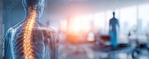 Physical Therapy Month awareness event. A futuristic representation of the human spine highlighting its structure in a modern healthcare setting, merging technology and biology.