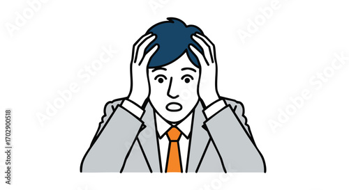Stressed businessman holding head in despair, overwhelmed by work challenges and deadlines