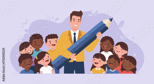Teacher with diverse students holding giant pencil symbolizing education and learning together