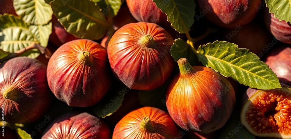 Fototapeta premium Sun-drenched ripe figs, plump and juicy, overhead shot, delicious, vibrant