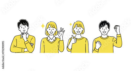 Creative team brainstorming solutions and celebrating success in minimalist line art style