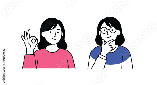 Confident woman shows OK sign while thoughtful person considers, perfect for business success and idea generation