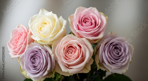 Pastel Roses Bouquet, Closeup Flower Photography, Romantic Floral Arrangement, Soft Colors, Wedding Flowers, Valentines Day Gift