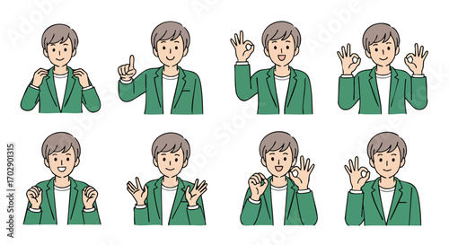 Confident young man shows positive hand gestures for approval or agreement in green jacket against white background