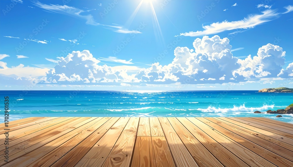 Fototapeta premium Idyllic Seaside View with Wooden Dock Under Sunny Skies and Billowy Clouds