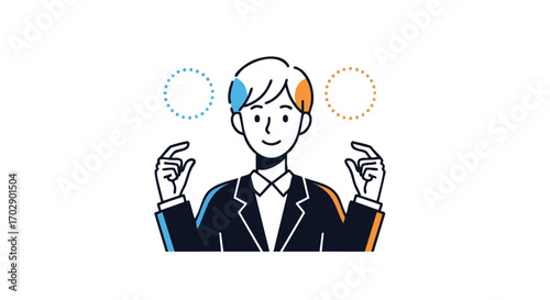 Confident businessman making a decision, weighing options with thoughtful expression and dynamic visual cues