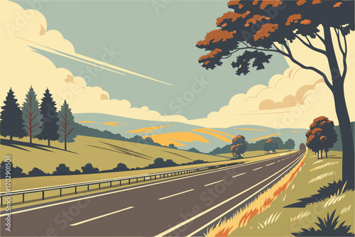 Open highway stretches through rolling hills and scenic countryside with dramatic clouds above