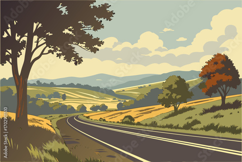 Scenic country road winds through rolling hills and lush trees under a vast, cloudy sky