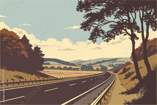 Scenic highway winding through rolling hills and autumn trees under a vast, cloudy sky