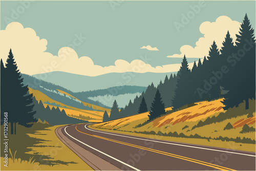 Journey awaits on scenic highway through rolling hills and pine forests under a cloudy sky