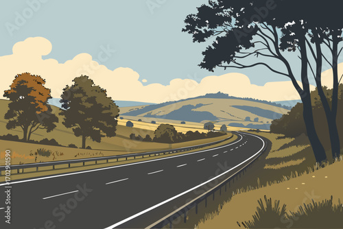 Expansive highway curves through rolling hills and autumnal trees under a vast, cloud-dappled sky