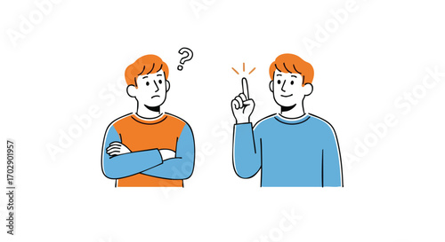 Confused man with question mark receives insightful idea from gesturing friend in simple illustration