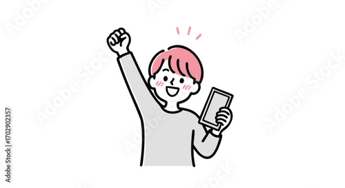 Excited person celebrating success with phone, fist raised in triumph, pure joy
