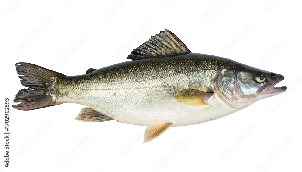 Fototapeta premium Single whole fish, side profile, light gray/green scales, dark fins, open mouth