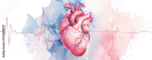 Sudden Cardiac Arrest Awareness. A vibrant watercolor illustration of a heart, symbolizing life and vitality, accompanied by an ECG line, showcasing health and emotion.