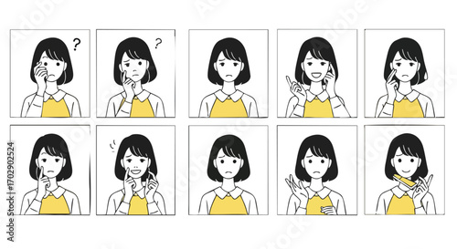 Capturing diverse emotions and thoughts of a young woman in various relatable scenarios