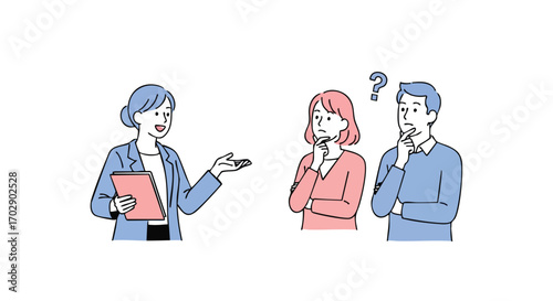 Confident consultant explains options to a couple pondering decisions with a question mark overhead