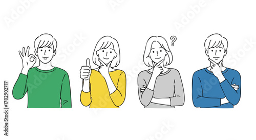 Diverse people thinking, asking questions, and showing approval with clear communication