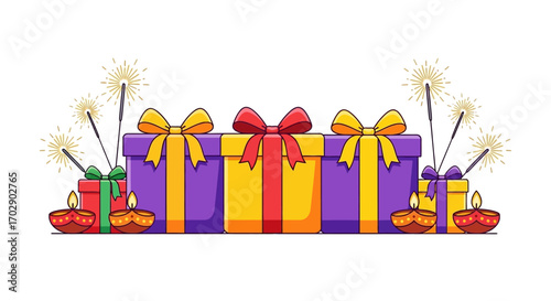 Colorful gift boxes and sparklers, festive Diwali decorations.