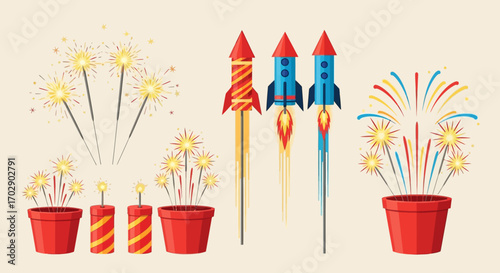 Colorful fireworks and rockets in decorative flowerpots, depicting a festive celebration.