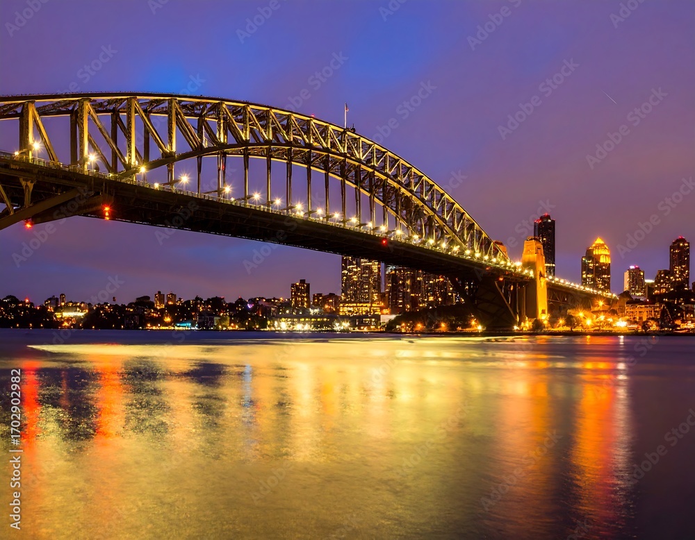 Fototapeta premium Sydney Harbour Bridge at dawn. City skyline reflected in water
