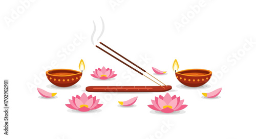 Two lit clay lamps flank a burning incense stick, surrounded by delicate pink lotus flowers and scattered petals, evoking a serene spiritual atmosphere.