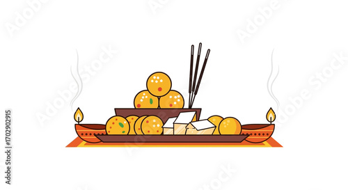 A festive offering of sweet ladoos and incense sticks, flanked by illuminated diyas, symbolizing celebration and tradition.