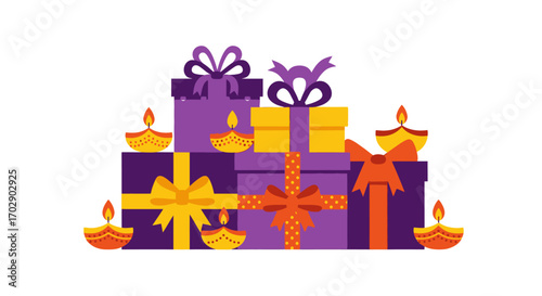 A festive arrangement of colorful gift boxes adorned with ribbons and bows, surrounded by glowing diya lamps, suggesting celebration and gifting.